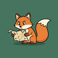 Confused fox cartoon character holding treasure map.