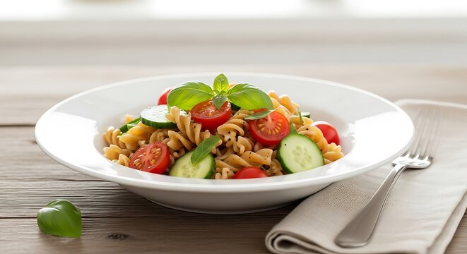 Healthy whole wheat pasta salad with fresh tomatoes and cucumbers
