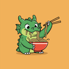 Cute Dragon Eating Noodles with Chopsticks.
