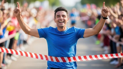 Triumphant young male runner crossing finish line with joyous expression