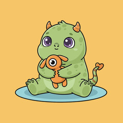 Cute green monster hugging a toy.