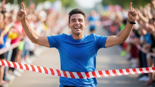 Triumphant young male runner crossing finish line with joyous expression