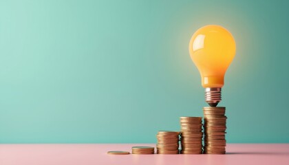 Golden coins stacked in ascending order with bright orange light bulb on top. Concept of investment growth and new ideas success. Financial and business innovation symbol.