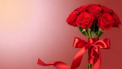 Elegant vibrant red rose bouquet with satin bow for Valentine's Day, anniversaries, and romantic occasions creates a beautiful, loving atmosphere