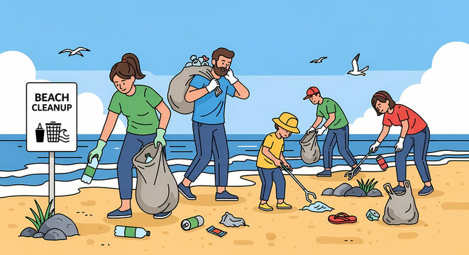 A wide illustration showing volunteers of different backgrounds and ages actively participating in a beach cleanup effort - Powered by Adobe
