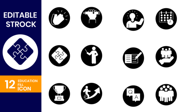 Set of twelve black and white education and learning concept icons displayed in circular shapes, perfect for teaching materials and presentations - Powered by Adobe
