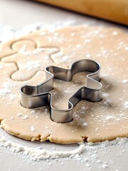 Gingerbread dough with cookie cutter for Christmas cookies, top view