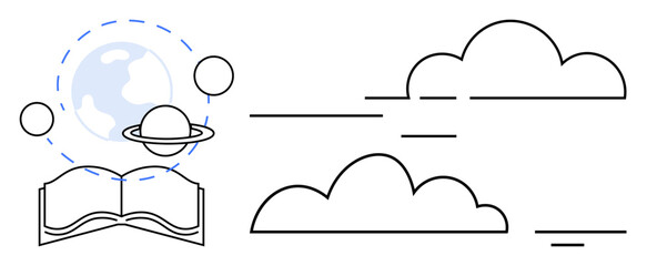 Learning concept. Learning through science and astronomy ed by an open book, planet, Earth, and abstract clouds. Learning inspires curiosity and knowledge growth. Suitable for education, space