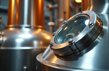 Close view of vacuum distillation equipment for spirit creation. Metallic industrial installation at distillery, alcohol manufacture process. Gin vodka production using modern technology. Shiny