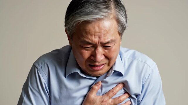 Elderly Man Experiencing Chest Pain, Gasping for Air, Feeling Extreme Discomfort