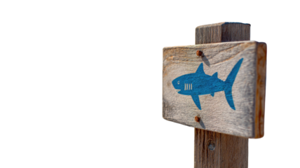 Old wooden signpost with fish symbol for direction against a blue sky