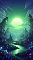 Obraz premium Mystical Alien Landscape with a Glowing Green Moon and River.