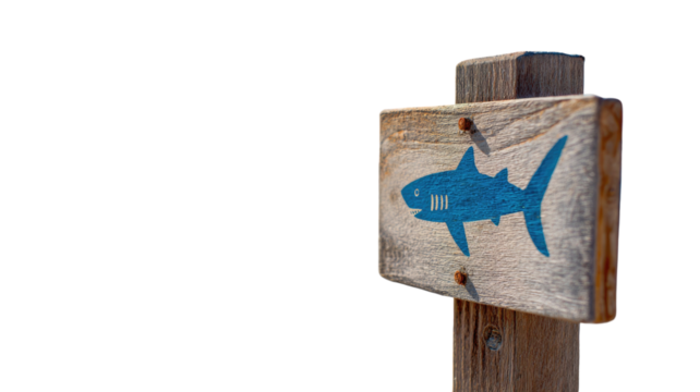 Old wooden signpost with fish symbol for direction against a blue sky