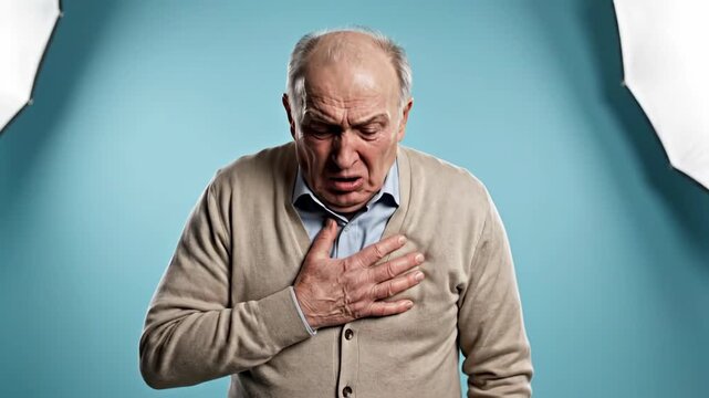 Elderly Man Experiencing Chest Pain, Gasping for Air, Indicating Sudden Health Issues, Distress