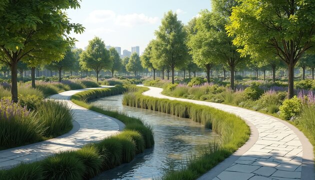 Green urban park with pathway along water stream. Modern city landscape design. Integrated water management system with bio swales, permeable pavements. Eco-friendly city environment with trees,