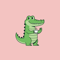 Cartoon crocodile enjoying a cup of tea.