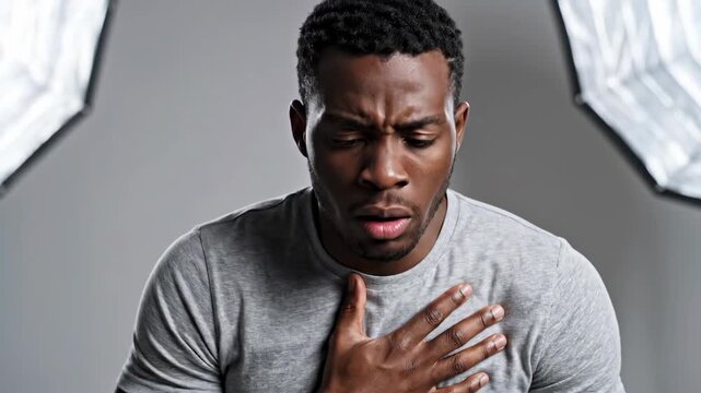 Man Experiencing Chest Pain or Discomfort, Showing Expressions of Distress and Worry