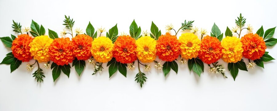 Marigold flowers and green leaves arranged in a decorative row. Orange and yellow blooms create a festive border, perfect for holiday greetings or cultural events. - Powered by Adobe