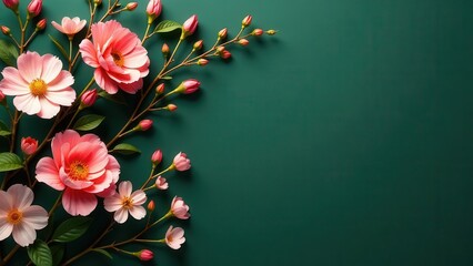 Delicate pink blossoms unfurl on elegant branches against a rich emerald backdrop, signaling a time of natural renewal and subtle beauty