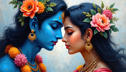 Blue skinned god Krishna and Radha share tender moment with flowers in hair. They wear gold jewelry. Their eyes are closed in devotion, serene and peaceful atmosphere.