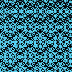A seamless vector pattern featuring abstract cyan blue and black geometric interlocking circles that resemble flowers or starbursts. Ideal for backgrounds, textiles, fabric, wallpaper, and digital pro