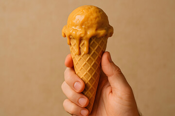 A hand holding melty caramel ice cream