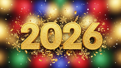 Glitter-covered 2026 digits surrounded by winter confetti.
Bright, cheerful New Year celebration.