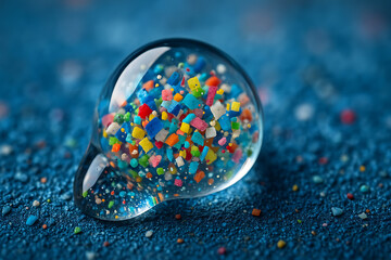 Colorful microplastic particles inside transparent water droplet macro concept, environmental pollution symbolism with vibrant plastic fragments on blue surface, sustainability awareness, ocean contam