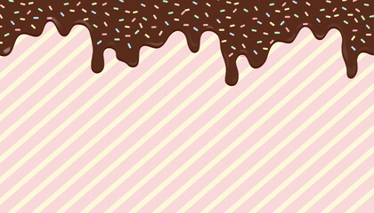 Fototapeta premium Chocolate frosting drip border with colorful sprinkles on diagonal pink and yellow striped background. Sweet for bakery, party invitations, birthday cards, or dessert advertisements.