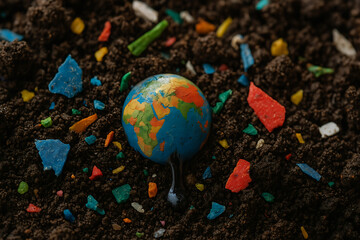 Polluted planet earth covered in plastic waste environmental crisis concept, global pollution damage symbol with microplastics in soil, climate change warning, sustainability awareness, ecological dis