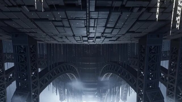 Vast industrial underbelly of a futuristic megastructure with colossal arched supports and a glowing, misty abyss