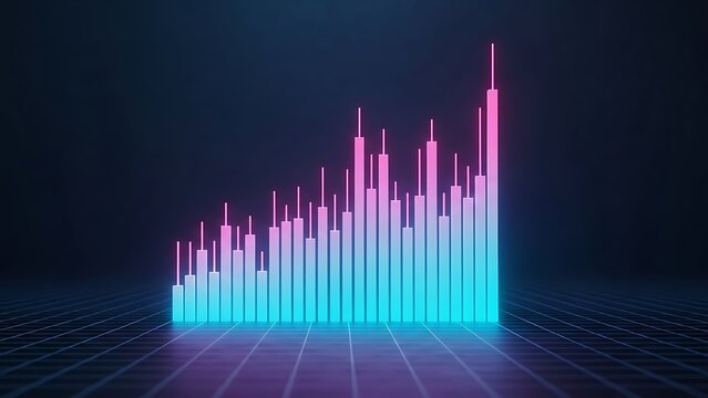 Neon glowing bar chart data visualization representing growth and technology trends.