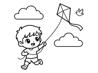 Boy flying kite in the sky coloring page.