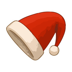 Santa hat red color with white fur pompom at end of tip isolated for decoration festive new year season celebration 2024 winter merry xmas symbol