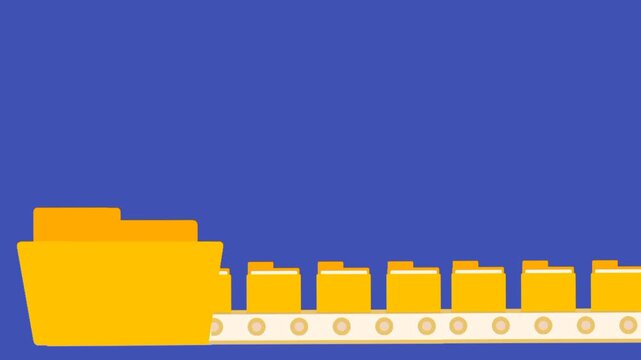 Animated folders moving along a conveyor line. Dynamic document management flow. Modern organizational efficiency concept.