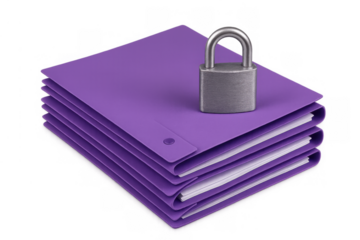 Stacking purple document folders with a padlock symbolizing secure data, confidential files, privacy, and digital protection