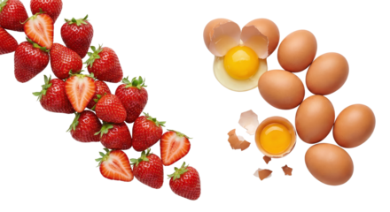 Dynamic juxtaposition of fresh strawberries and whole eggs for culinary design with ample negative