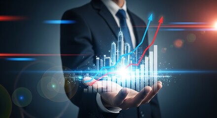 Visualize thriving business growth with this dynamic graph, modern cityscape, and confident entrepreneur's vision for a bright financial future