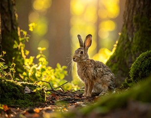 Fototapeta premium A woodland rabbit sits alert, bathed in golden sunlight