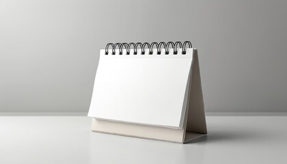 Blank paper desk spiral calendar mock up stands on light gray background. Clean minimalist design offers empty template for planning daily schedules, organizing events, managing tasks, pro office