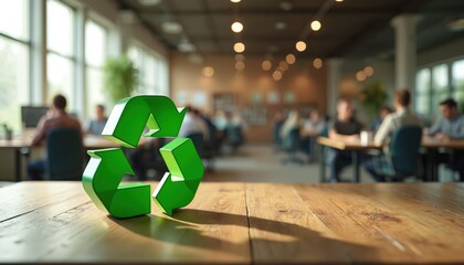 Green recycling symbol on office desk. Blurred background shows people working. Symbolizes eco friendly business and waste management. Represents sustainability and conservation.