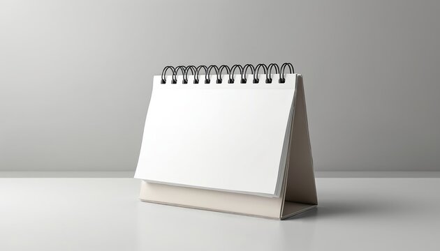 Blank paper desk spiral calendar mock up stands on light gray background. Clean minimalist design offers empty template for planning daily schedules, organizing events, managing tasks, pro office
