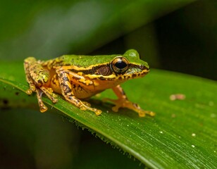 Obraz premium A vibrant frog sits on a large, green leaf amidst lush, dark foliage
