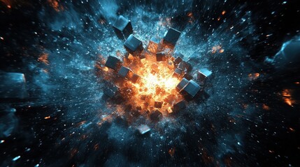 Sci-fi abstract cube explosion effect with orange and blue color scheme and sparkles