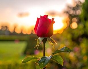 A single red rose against a blurred sunset backdrop in a garden