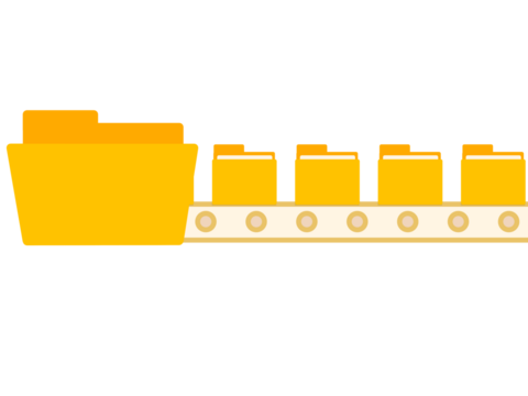Folders emerging on a moving conveyor line. Creative document management flow. Efficient digital organization concept.