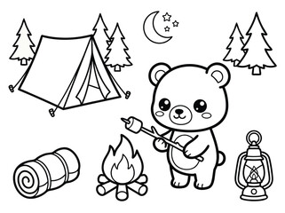 Cute Bear Camping Adventure Coloring Page.