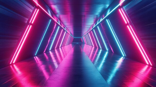 Abstract tunnel vision with symmetric neon lights: a sci-fi corridor dreamscape
