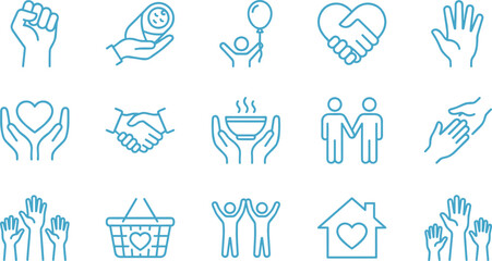 Charity, Community Support, and Volunteering Icon Set, Donation, Handshake, Newborn Baby, Helping Hands, and Food Bowl Symbols for Social Care and Non-Profit Organizations