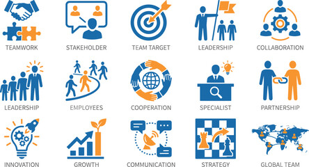 Obraz premium Business Teamwork and Strategy Icon Set, Global Team, Leadership, Collaboration, Stakeholder, Partnership, Innovation, and Growth Symbols for Corporate Management and Success